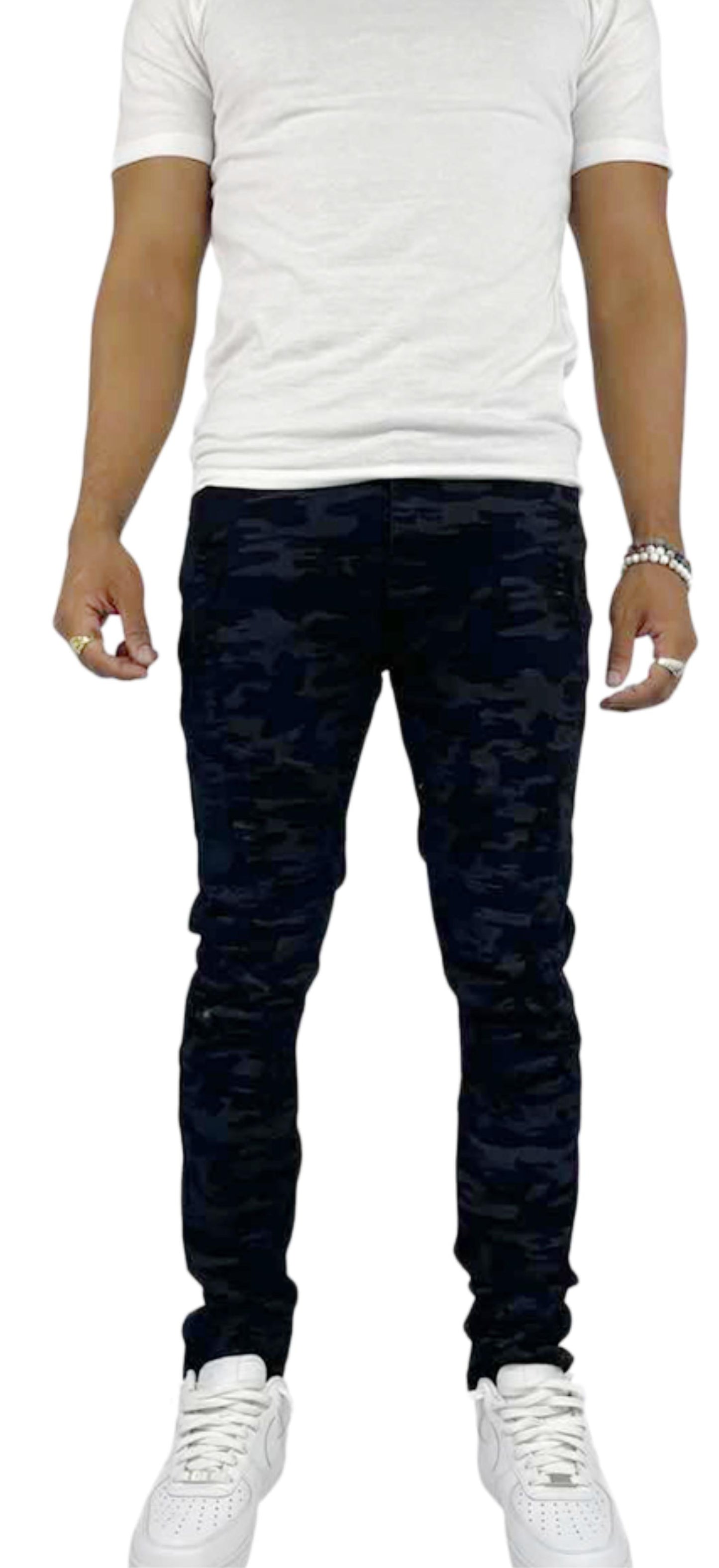 BLACK CAMO STYLE DISTRESSED JEANS