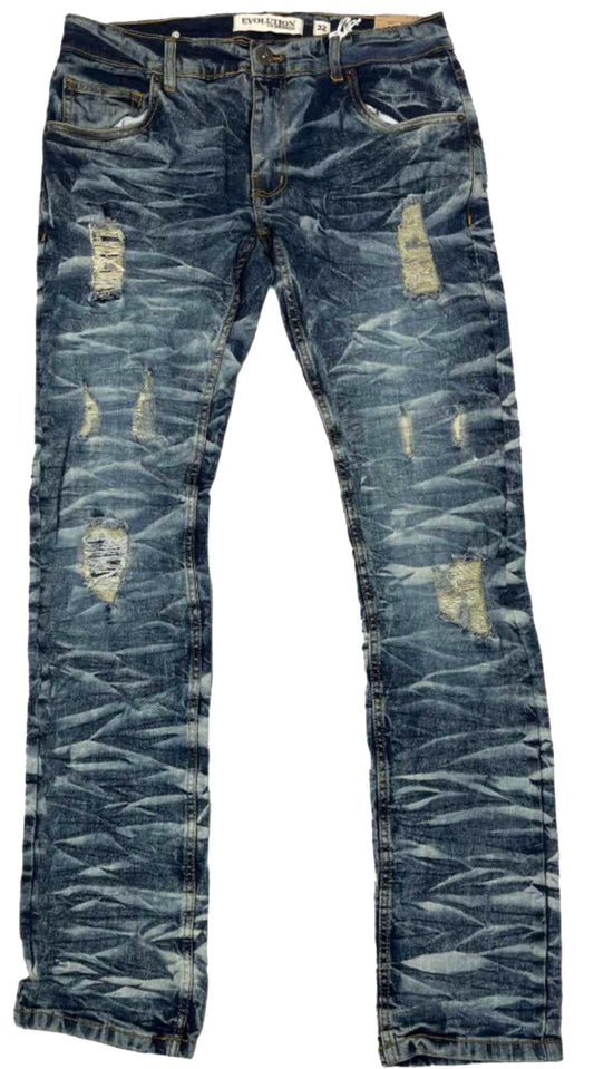 EVOLUTION MEDIUM BLUE WRINKLED, RIP & DISTRESSED JEANS