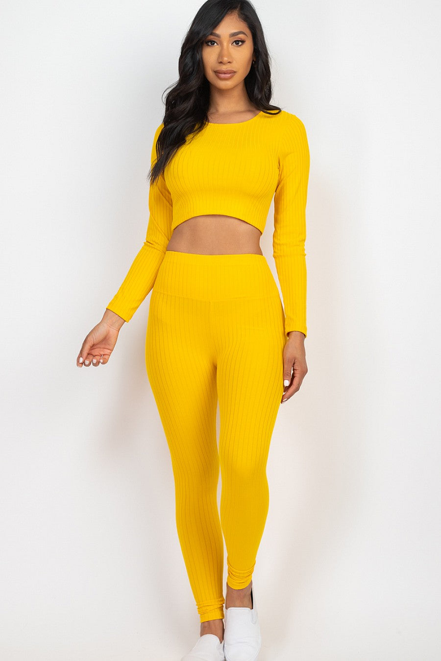 Ribbed Long Sleeve Crop Top & Leggings Set