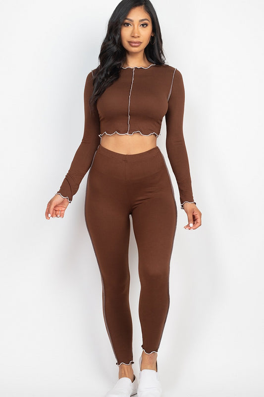 Lettuce Edge Long Sleeve Crop Top & Leggings Set