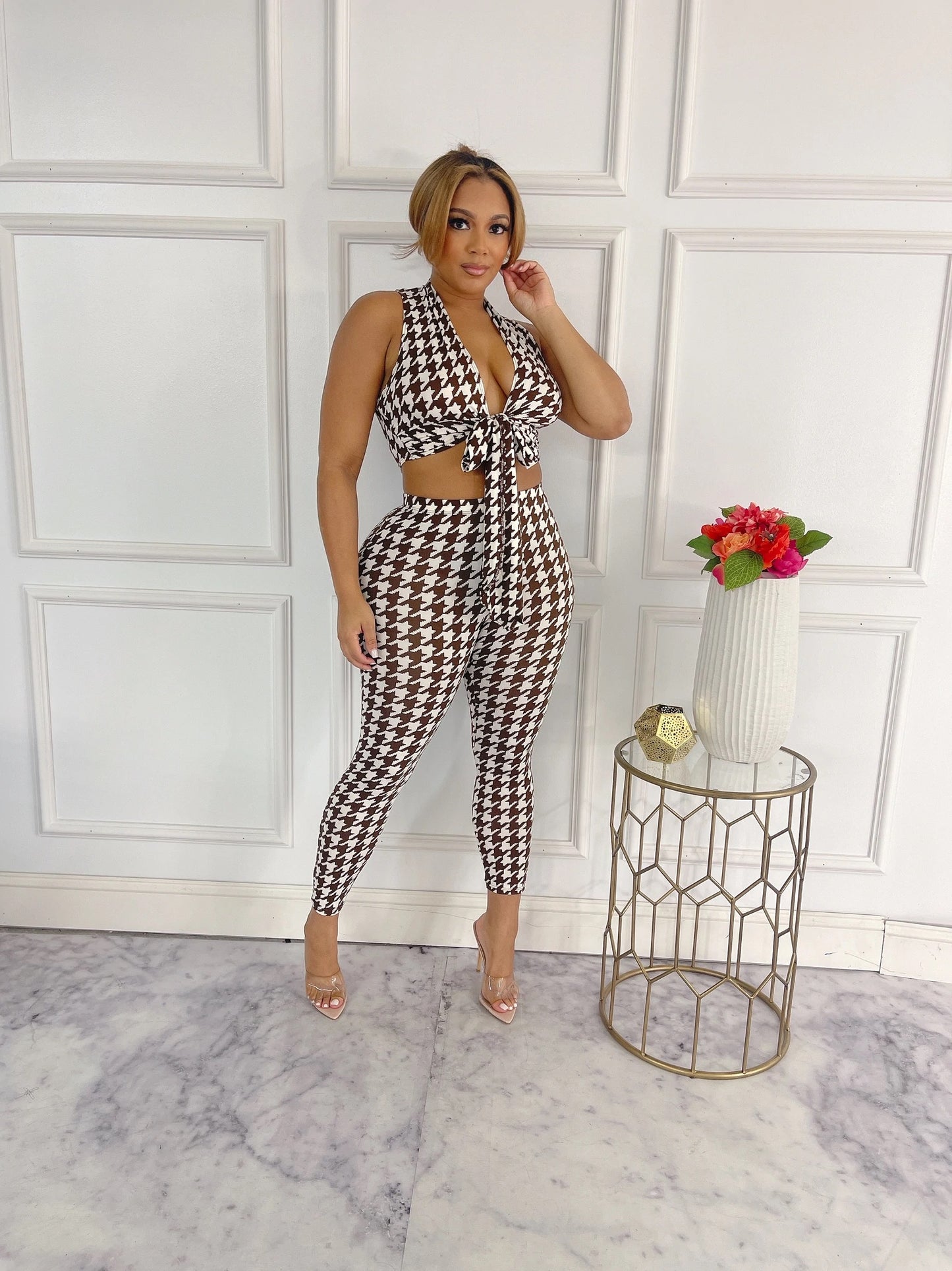 HOUNDSTOOTH PRINT TOP & LEGGINGS SET